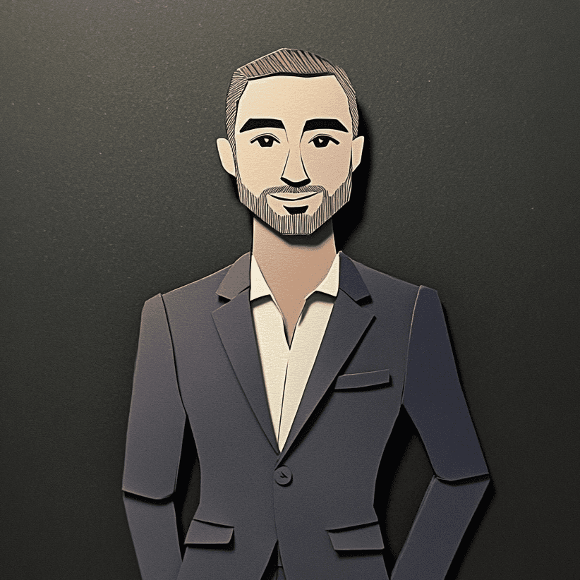 CTO avatar in paper-cut art style showing a bearded man wearing a navy suit and red tie